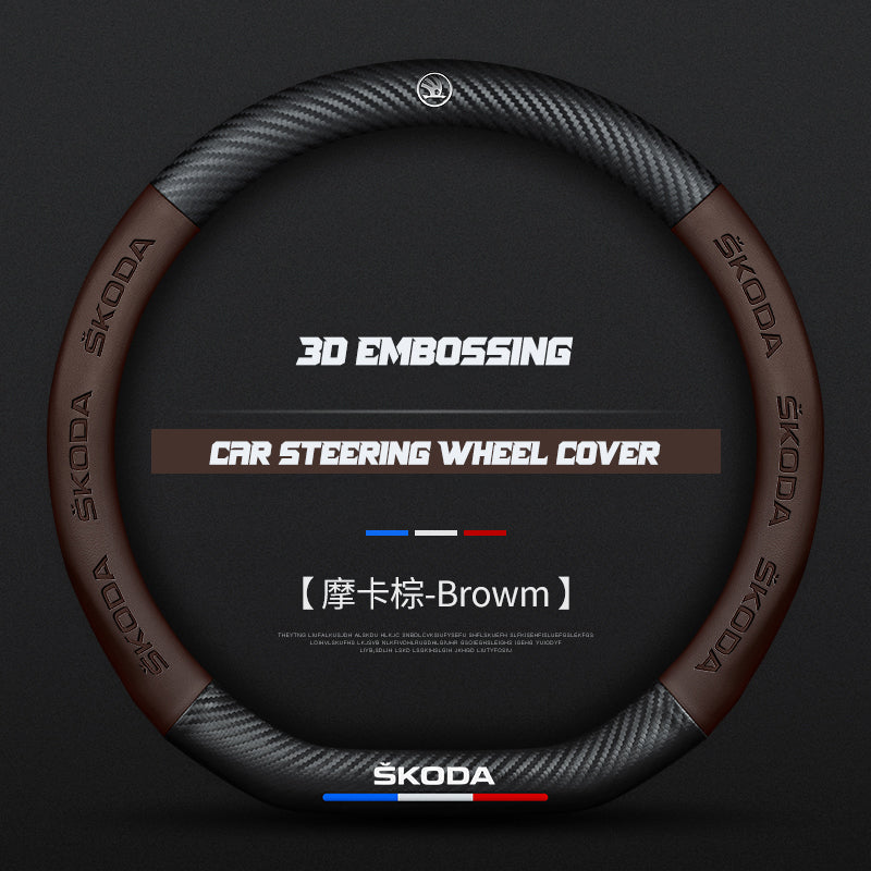 Skoda Steering Wheel Cover – Fits 37.5–38.5 cm (14.76–15.16 in), Genuine Leather, Anti-Slip