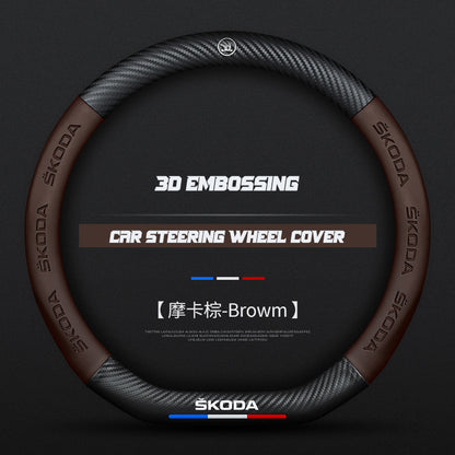 Skoda Steering Wheel Cover – Fits 37.5–38.5 cm (14.76–15.16 in), Genuine Leather, Anti-Slip