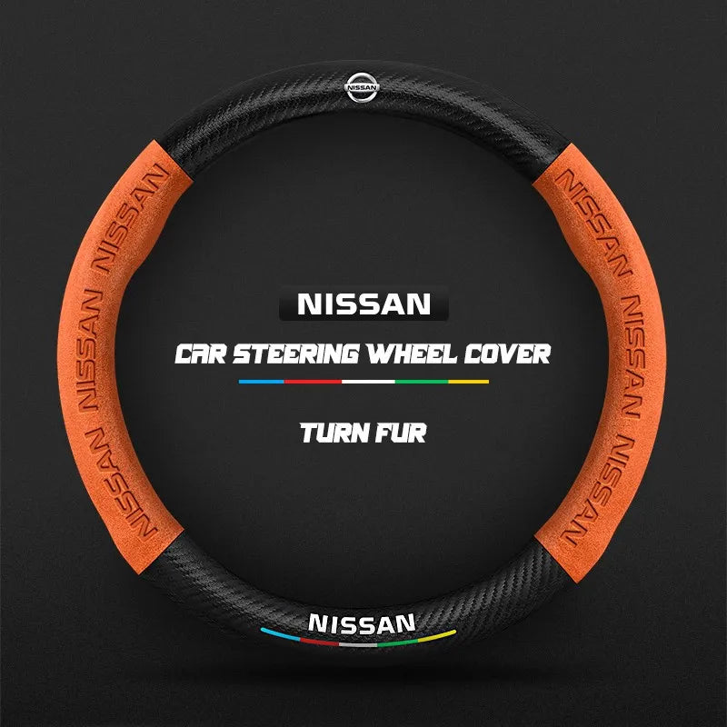 Car steering wheel cover in carbon fiber suede style suitable for Nissan