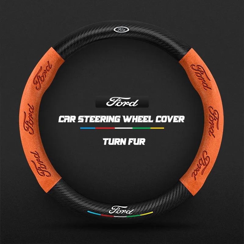 Car steering wheel cover in carbon fiber suede style suitable for Ford