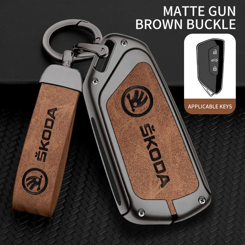 Zinc alloy genuine leather car key case for Skoda series