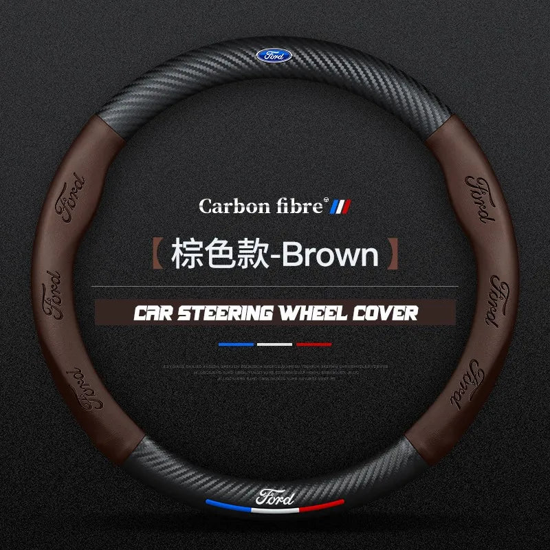 Carbon fiber genuine leather car steering wheel cover for Ford
