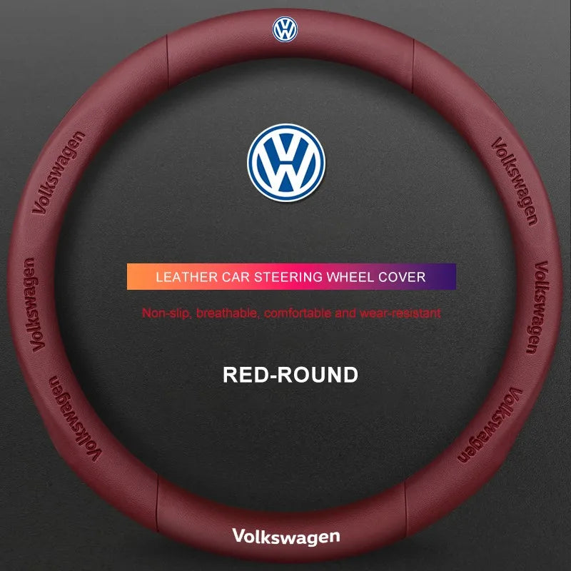 3D Embossed Genuine Leather Steering Wheel Cover For Volkswagen