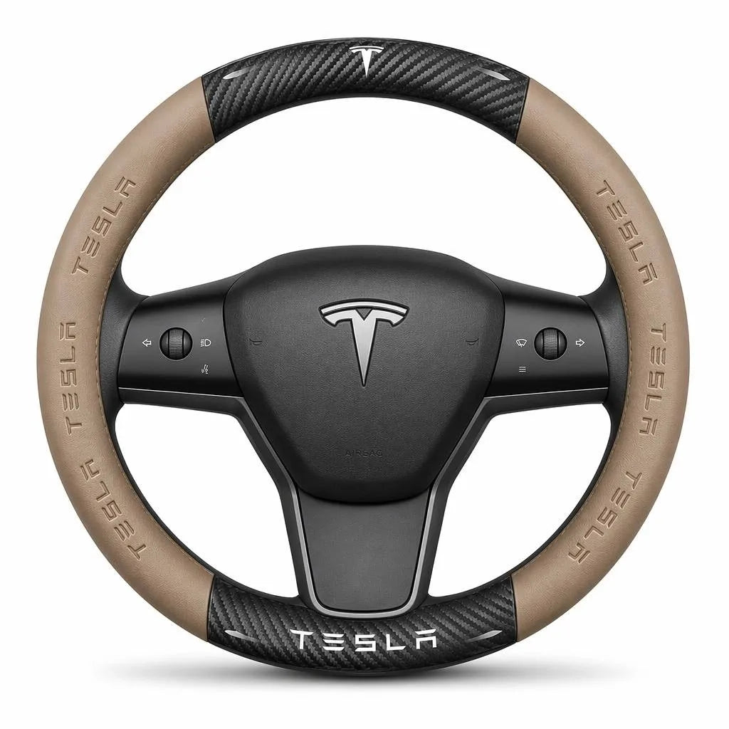 3D Embossed Genuine Leather Steering Wheel Cover For Tesla