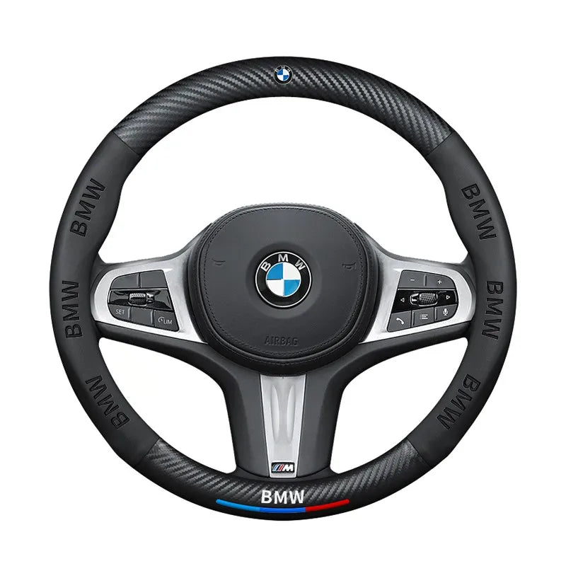 Carbon fiber genuine leather car steering wheel cover for BMW