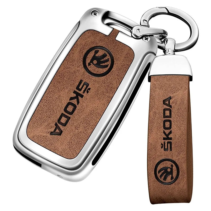 Zinc alloy genuine leather car key case for Skoda series