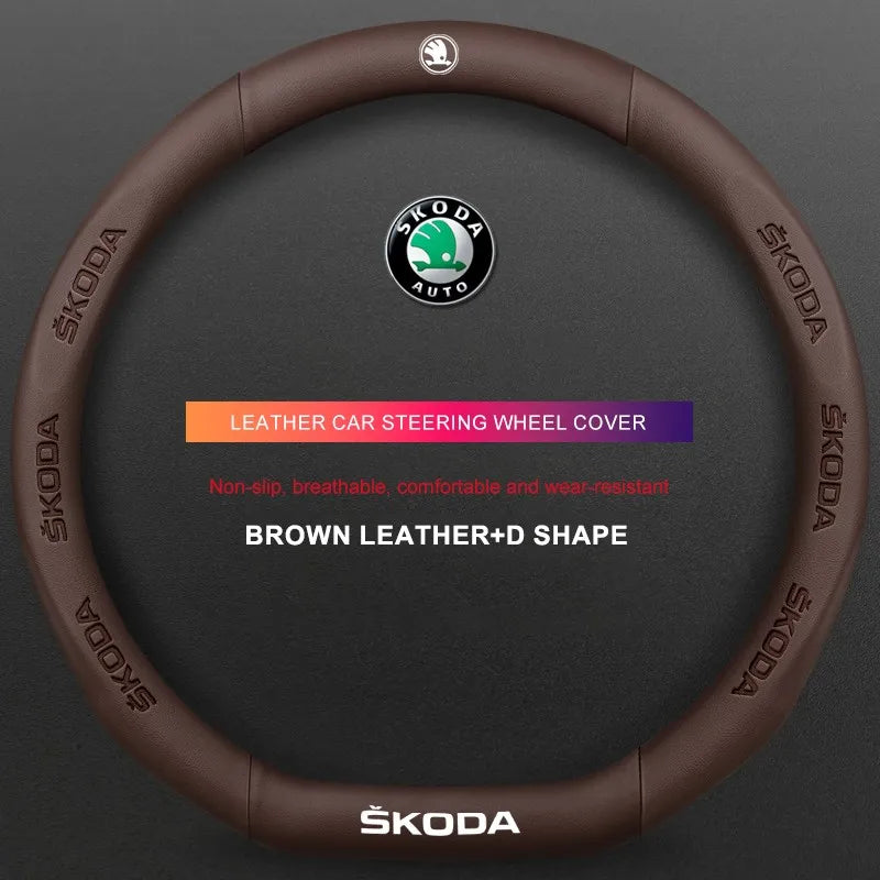 3D Embossed Genuine Leather Steering Wheel Cover For Skoda