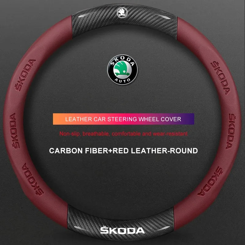 3D Embossed Genuine Leather Steering Wheel Cover For Skoda