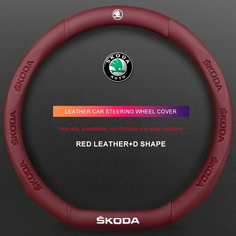 3D Embossed Genuine Leather Steering Wheel Cover For Skoda