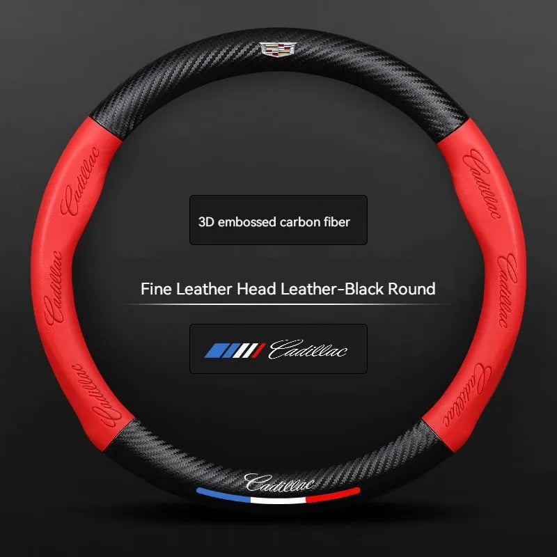 Carbon fiber genuine leather car steering wheel cover for Cadillac