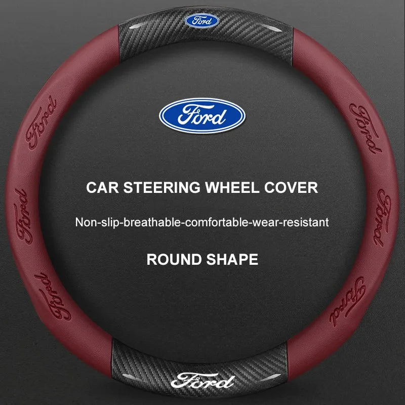 3D Embossed Genuine Leather Steering Wheel Cover For Ford