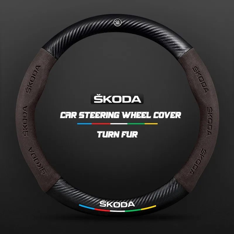 Car steering wheel cover in carbon fiber suede style suitable for Skoda