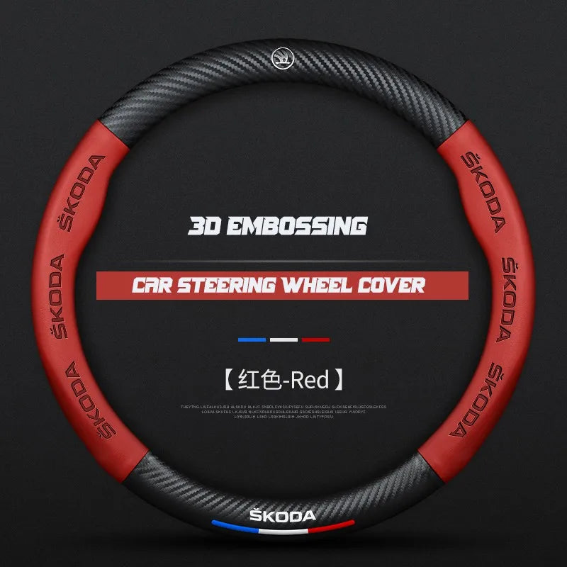 Carbon fiber genuine leather car steering wheel cover for Skoda