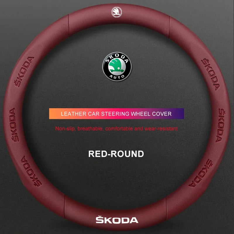 3D Embossed Genuine Leather Steering Wheel Cover For Skoda
