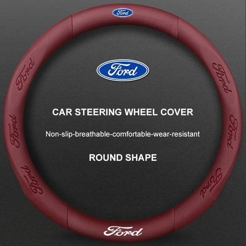 3D Embossed Genuine Leather Steering Wheel Cover For Ford