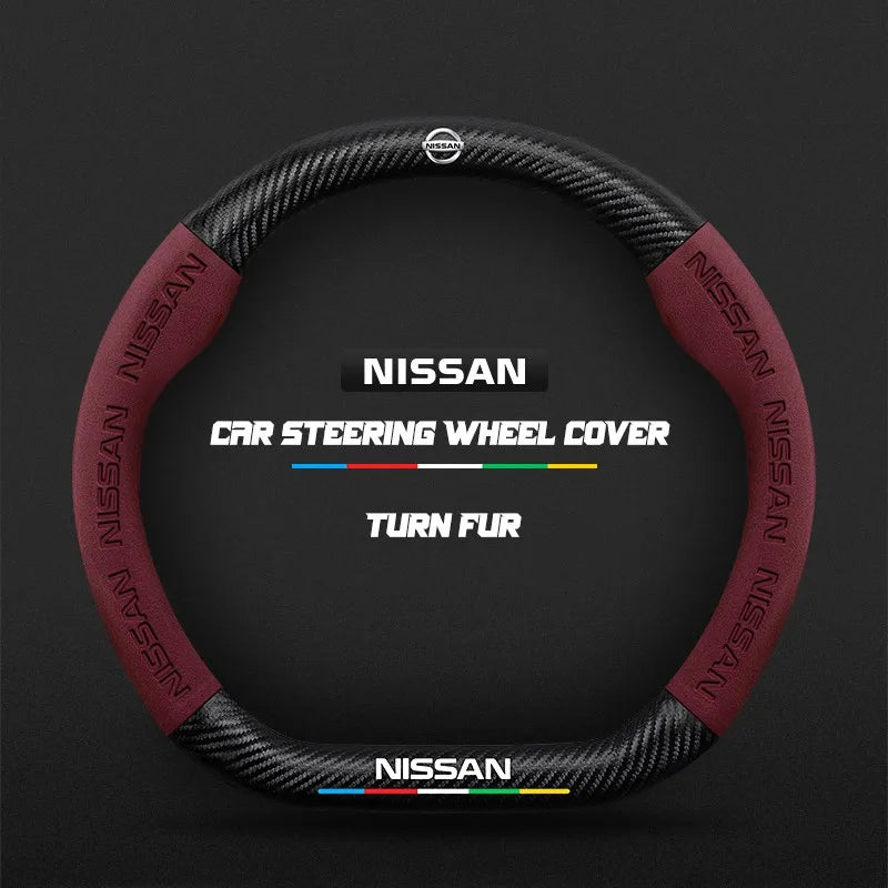 Car steering wheel cover in carbon fiber suede style suitable for Nissan