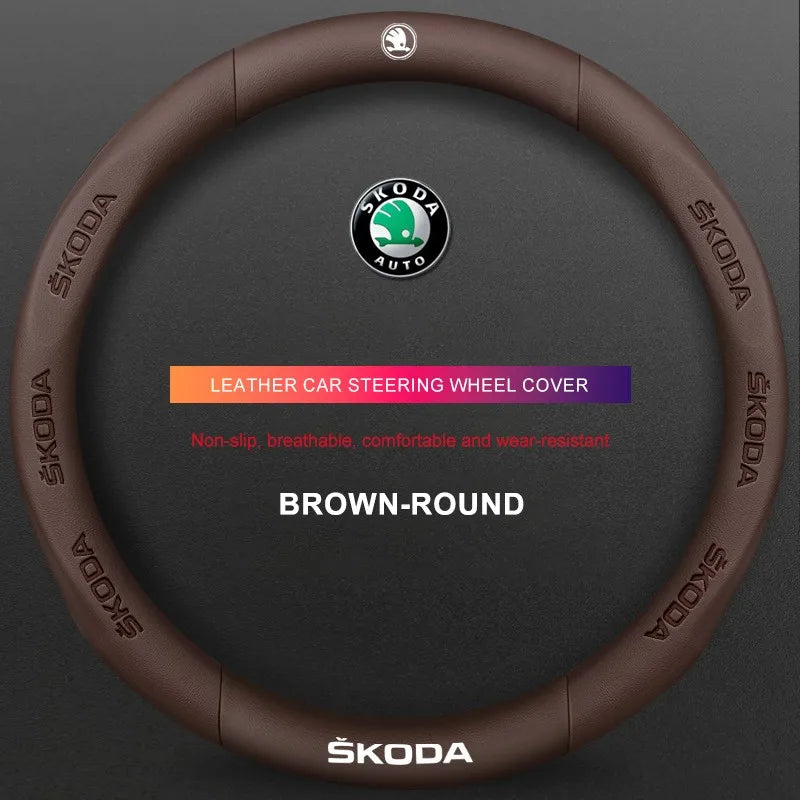3D Embossed Genuine Leather Steering Wheel Cover For Skoda