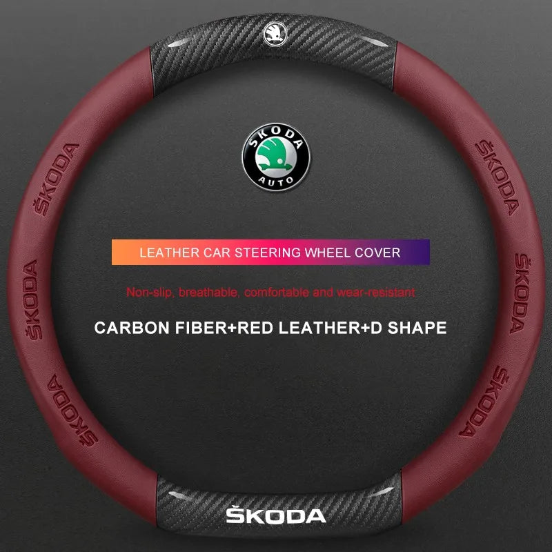 3D Embossed Genuine Leather Steering Wheel Cover For Skoda