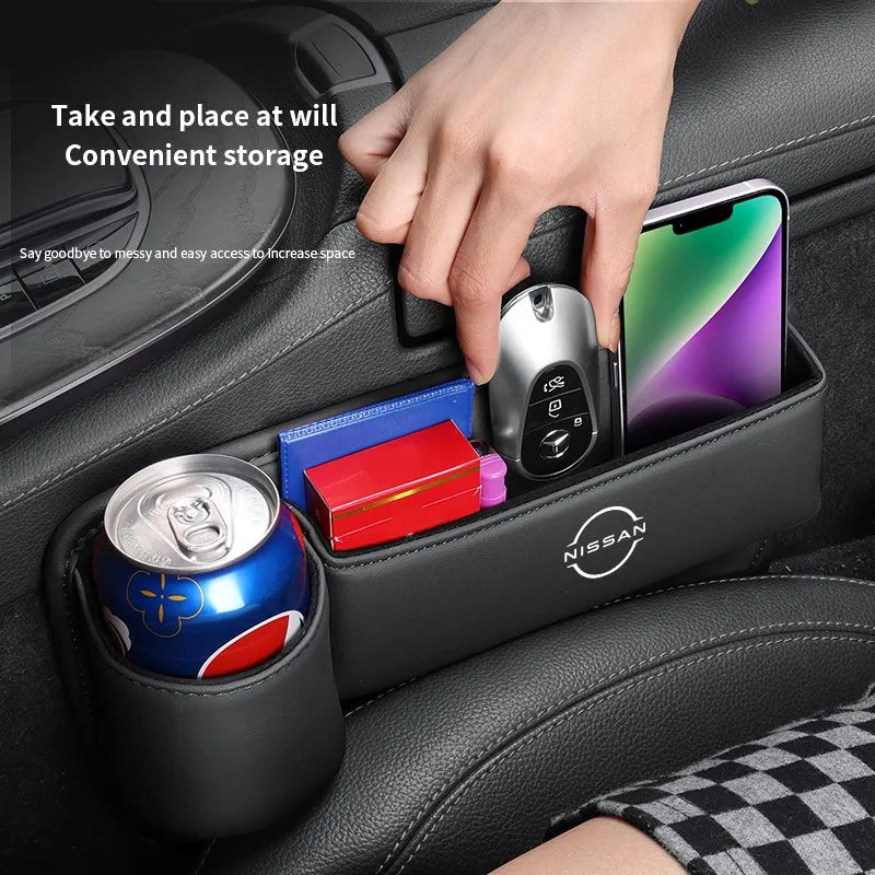 Car seat gap storage box with cup holder suitable for Nissan
