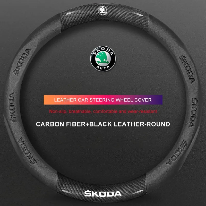 3D Embossed Genuine Leather Steering Wheel Cover For Skoda