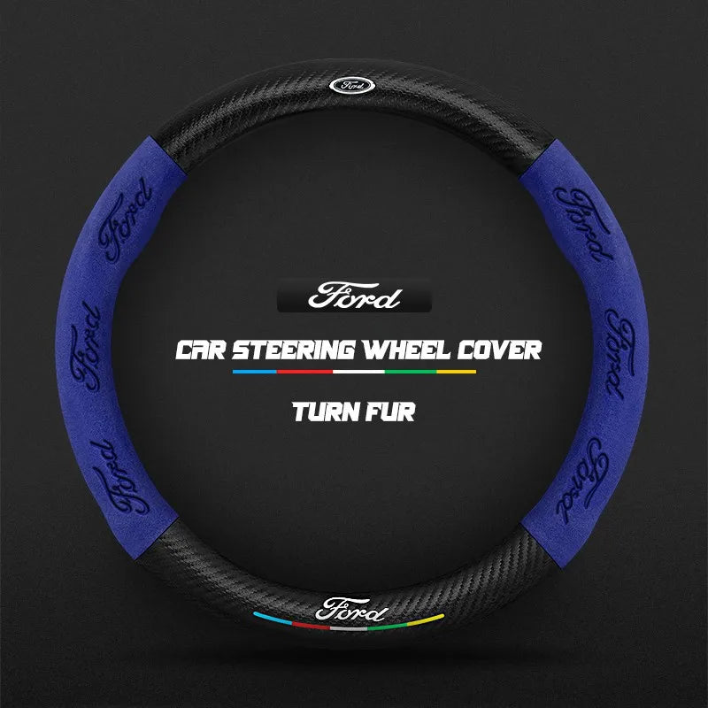 Car steering wheel cover in carbon fiber suede style suitable for Ford