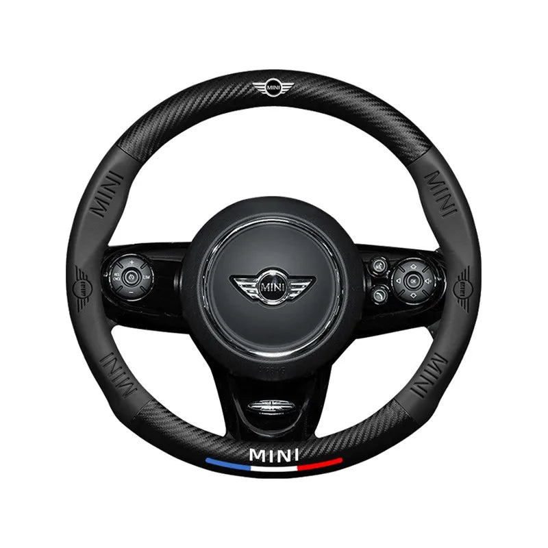 Carbon fiber genuine leather car steering wheel cover for MINI