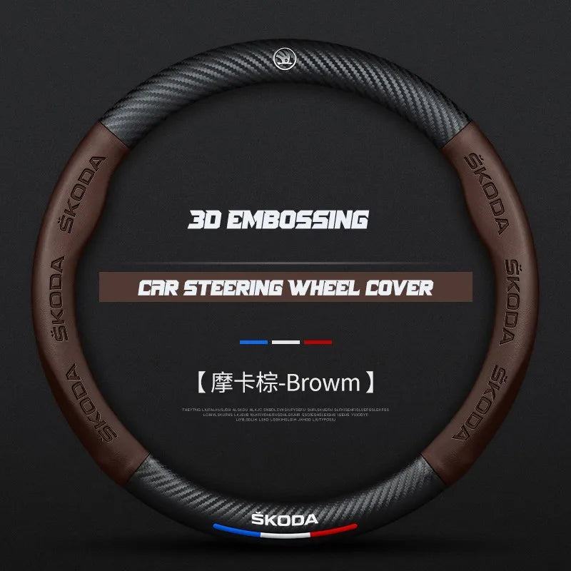Carbon fiber genuine leather car steering wheel cover for Skoda