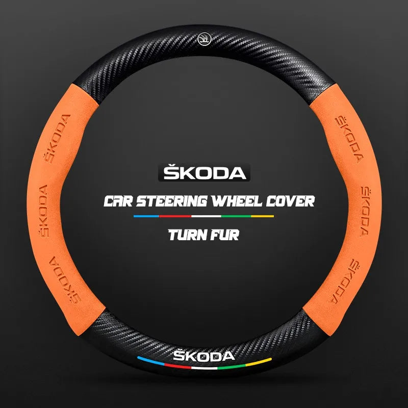Car steering wheel cover in carbon fiber suede style suitable for Skoda