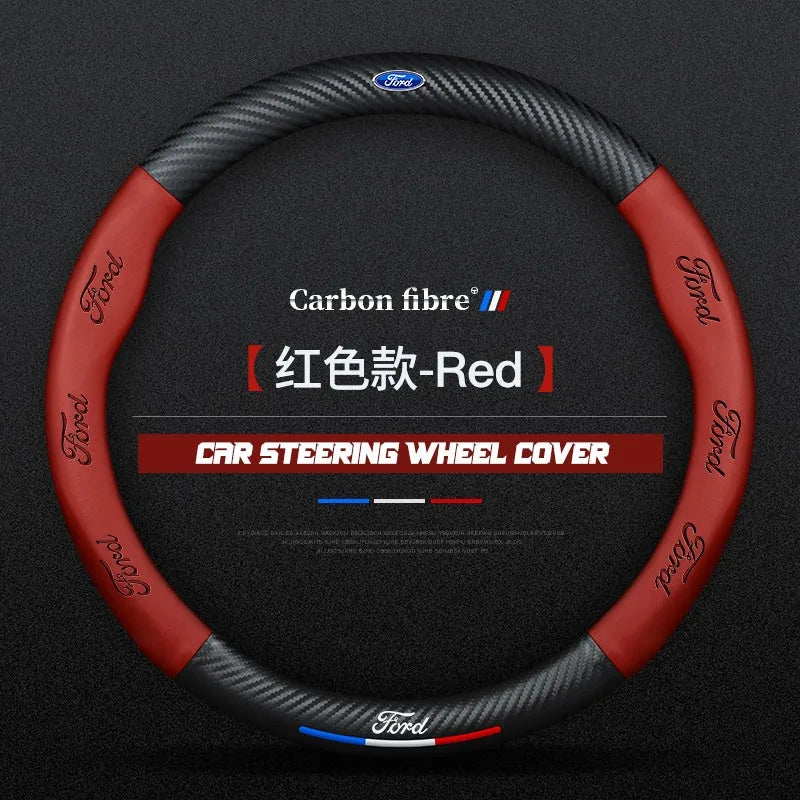 Carbon fiber genuine leather car steering wheel cover for Ford