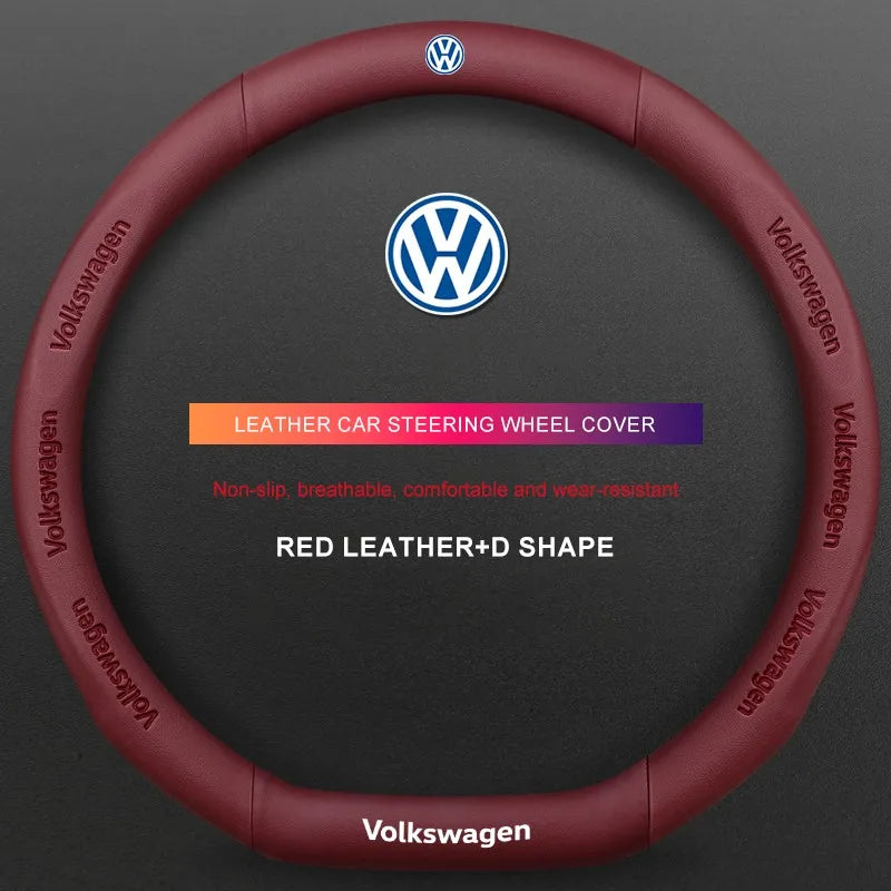3D Embossed Genuine Leather Steering Wheel Cover For Volkswagen