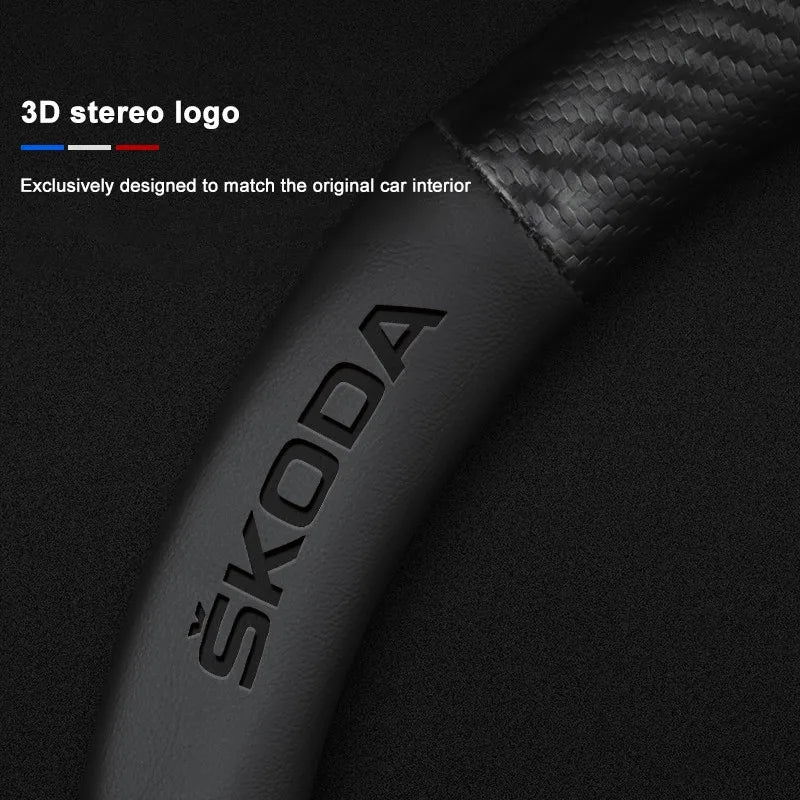 Carbon fiber genuine leather car steering wheel cover for Skoda