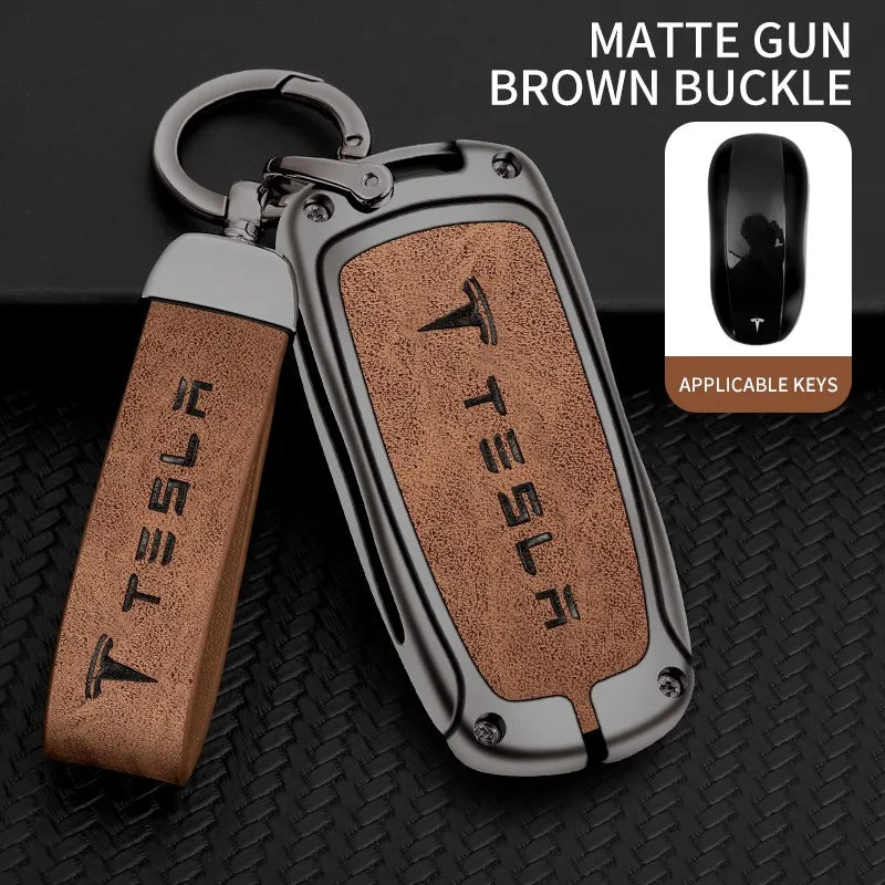 Zinc alloy genuine leather car key case for Tesla series