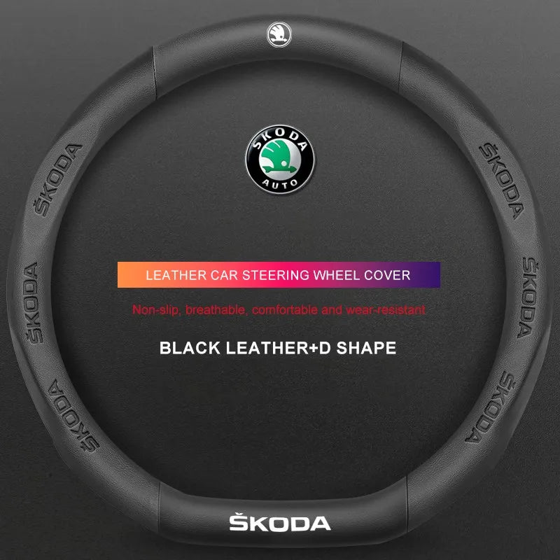 3D Embossed Genuine Leather Steering Wheel Cover For Skoda