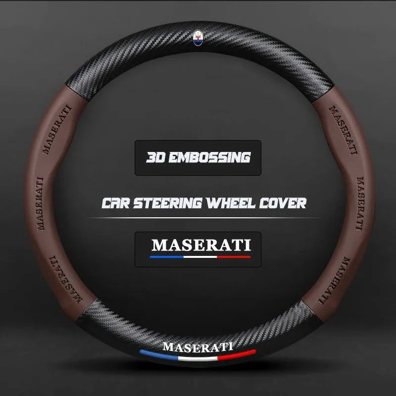 Carbon fiber genuine leather car steering wheel cover for Maserati