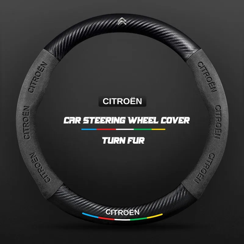 Car steering wheel cover in carbon fiber suede style suitable for Citroen