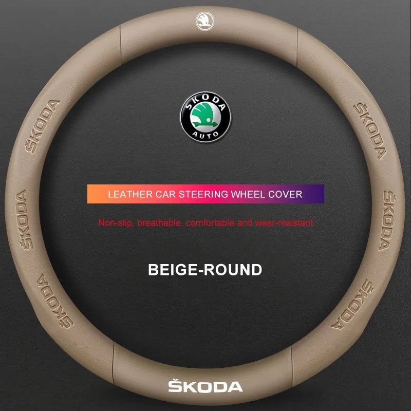 3D Embossed Genuine Leather Steering Wheel Cover For Skoda