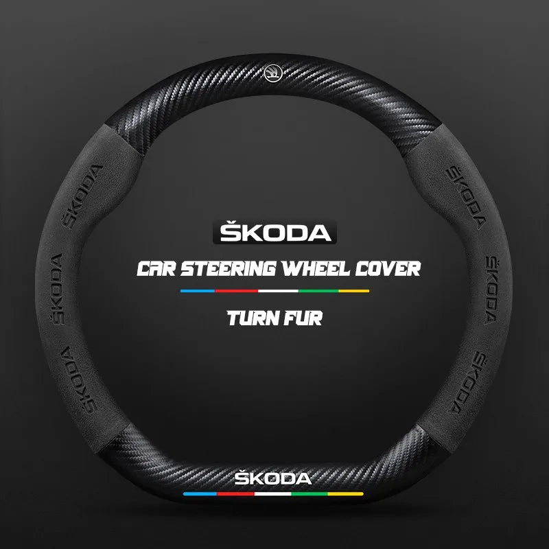 Car steering wheel cover in carbon fiber suede style suitable for Skoda