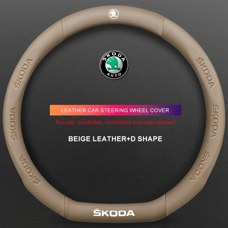3D Embossed Genuine Leather Steering Wheel Cover For Skoda