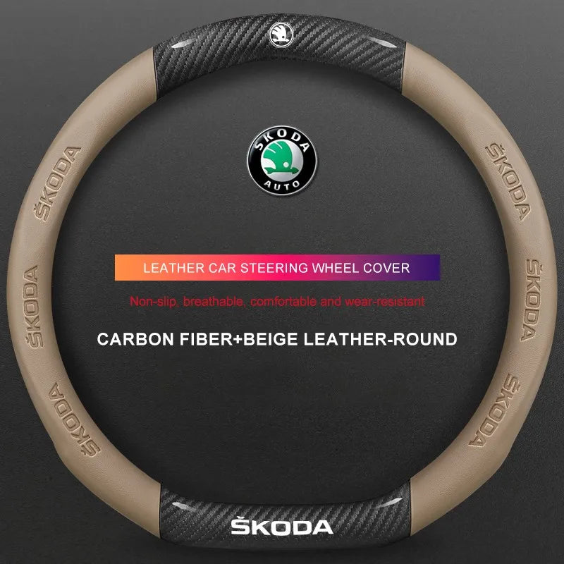 3D Embossed Genuine Leather Steering Wheel Cover For Skoda