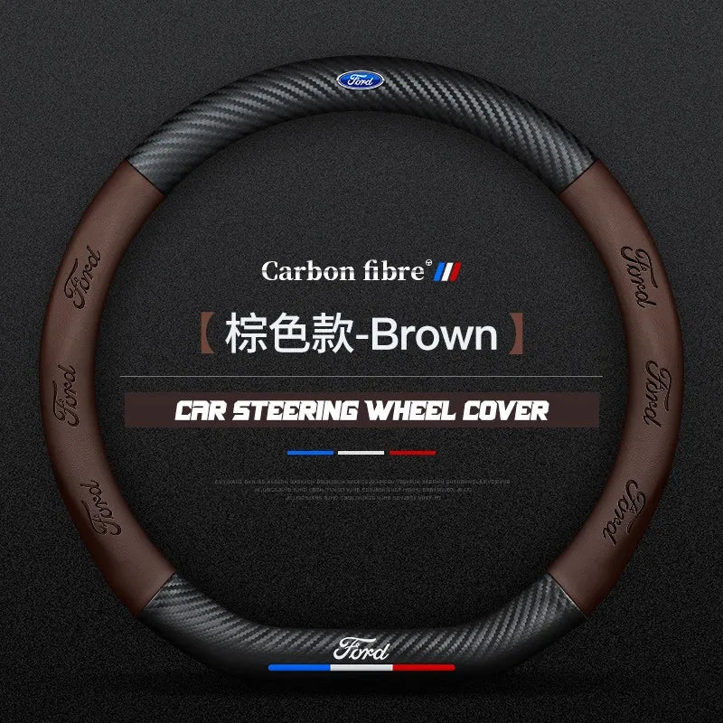 Carbon fiber genuine leather car steering wheel cover for Ford