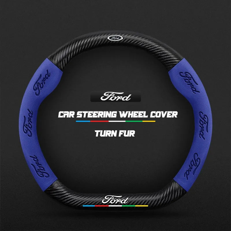 Car steering wheel cover in carbon fiber suede style suitable for Ford