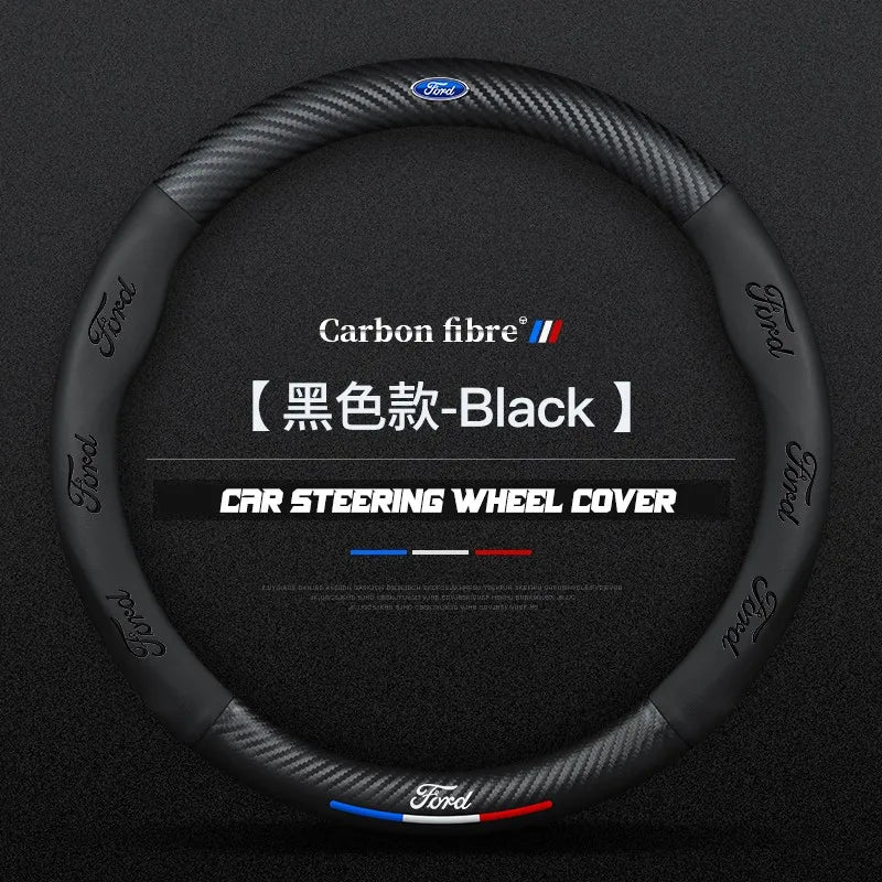 Carbon fiber genuine leather car steering wheel cover for Ford