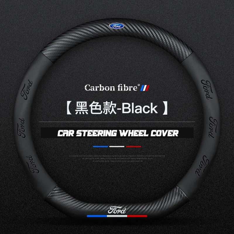 Carbon fiber genuine leather car steering wheel cover for Ford