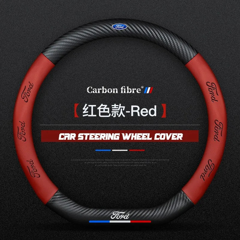Carbon fiber genuine leather car steering wheel cover for Ford