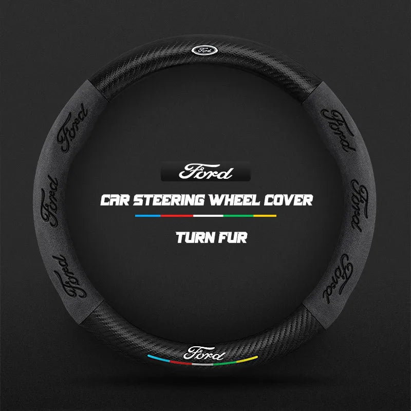 Car steering wheel cover in carbon fiber suede style suitable for Ford