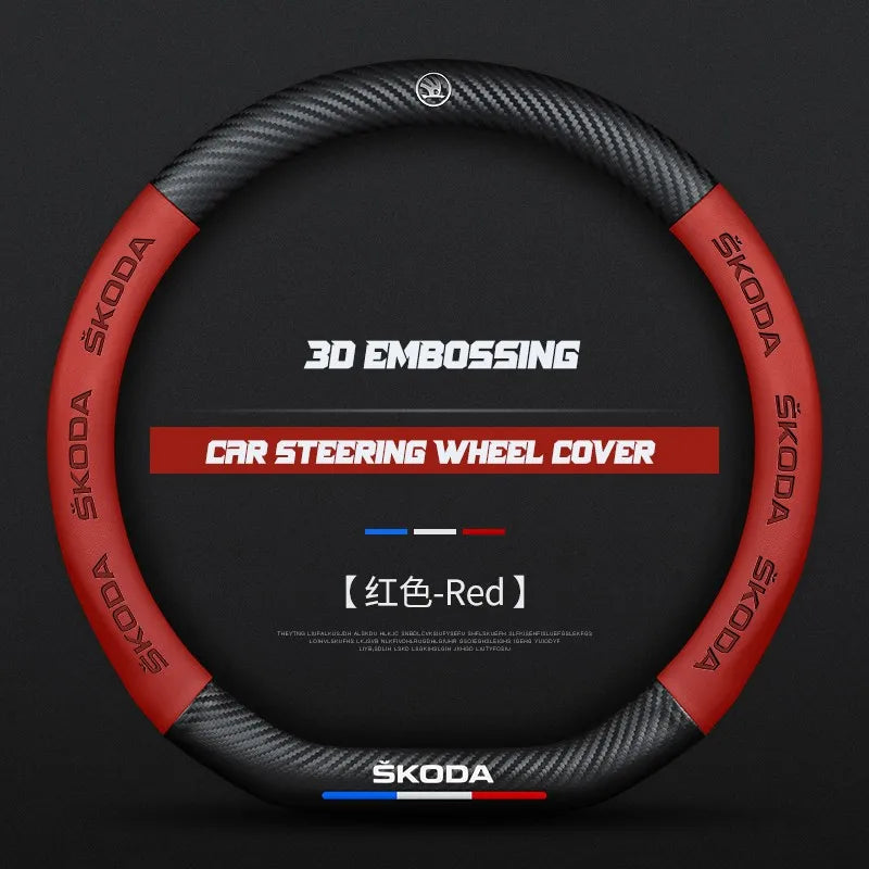 Carbon fiber genuine leather car steering wheel cover for Skoda