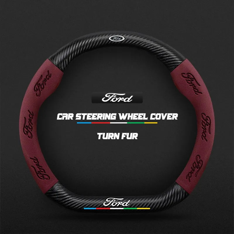 Car steering wheel cover in carbon fiber suede style suitable for Ford