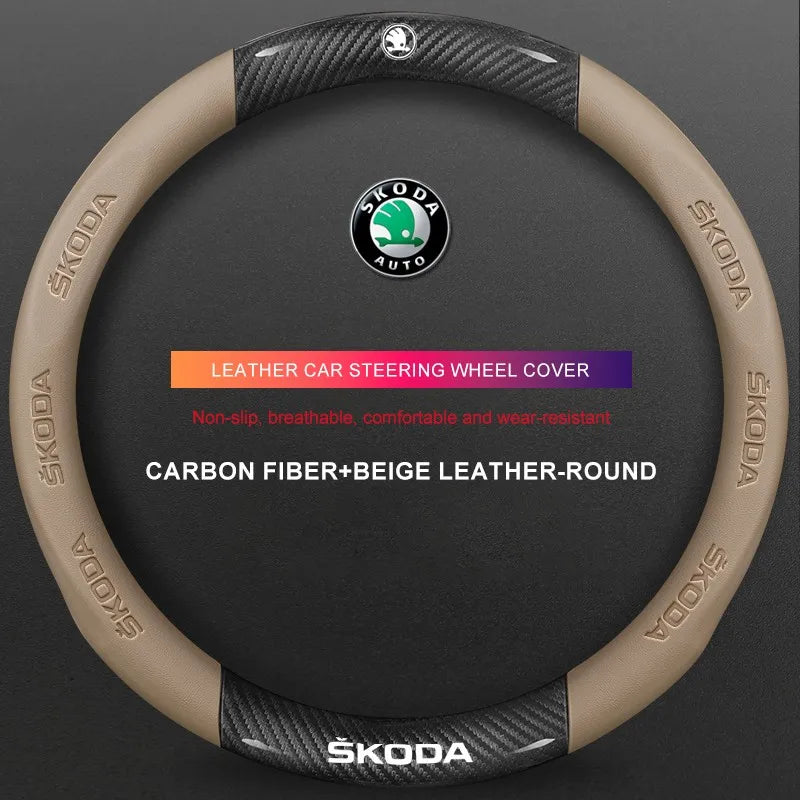 3D Embossed Genuine Leather Steering Wheel Cover For Skoda