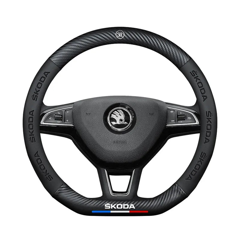 Carbon fiber genuine leather car steering wheel cover for Skoda