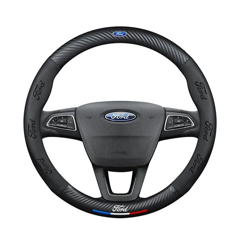Carbon fiber genuine leather car steering wheel cover for Ford
